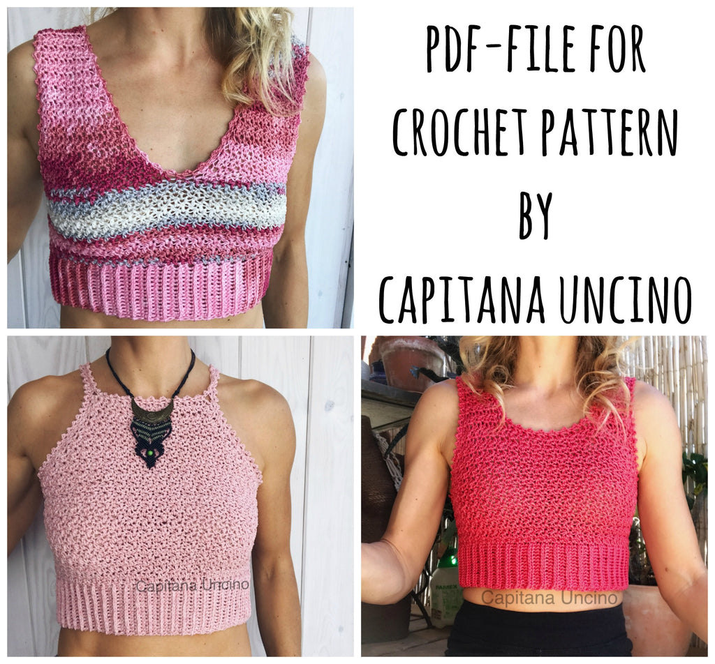 PDF-file, 3 Crochet PATTERNS, 3 Elsa Tops, Sizes XS-XL, Cropped top, 3 versions