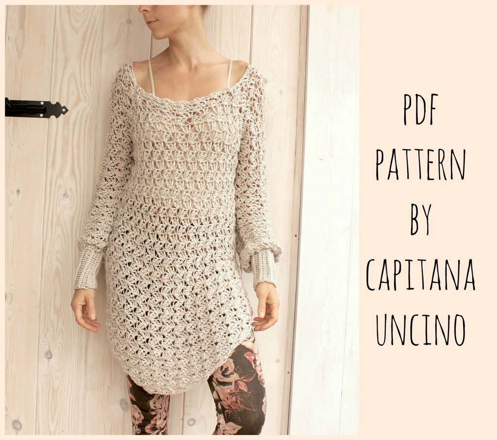 PDF-file for Crochet PATTERN, Minerva Crochet Tunica ,Sweater, Dress, sizes XS-XL, 4 sizes